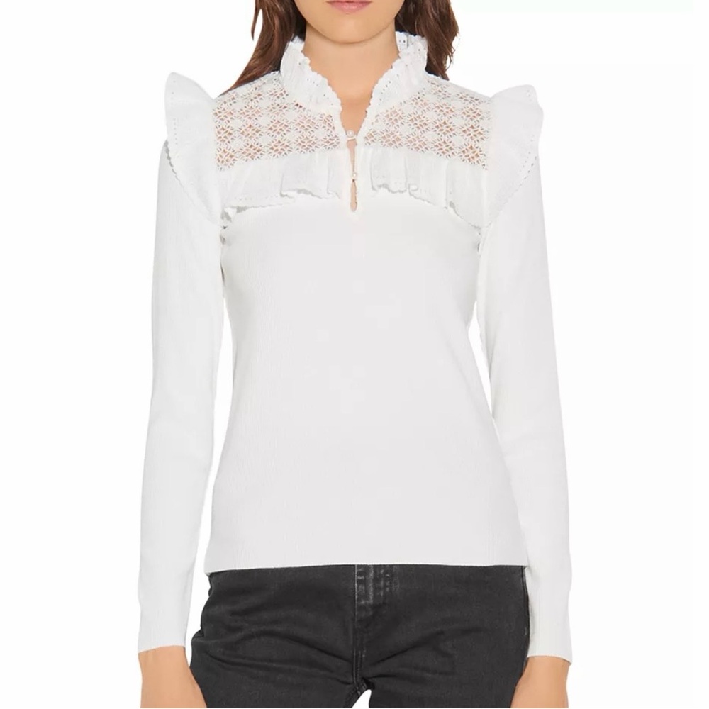 NWT SANDRO CORALIE RUFFLED LACE TRIM TOP
